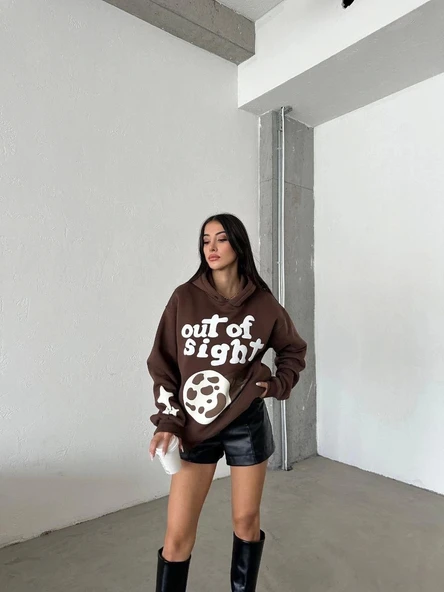 3 iplik şardonlu oversize out of baskılı sweat kahve