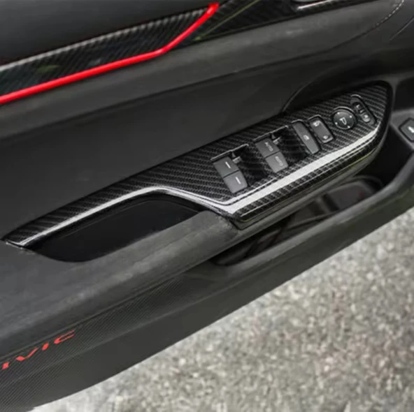 Honda Civic FC5 2017 - 2020 iç kapı kol dayama cam düğme  karbon Fiber 2 adet Ön Taraf 2 adet Arka - Resim 7
