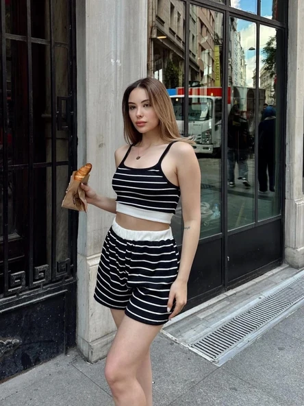 Çizgili şortlu takım siyah s3978
