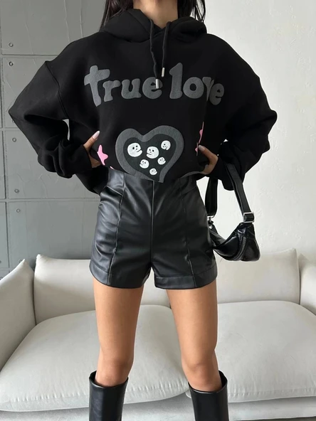 3 iplik şardonlu oversize true baskılı sweat siyah - 4