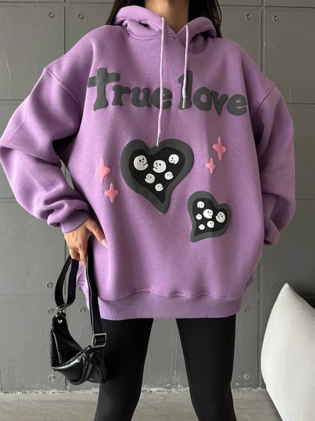 3 iplik şardonlu oversize true baskılı sweat mor - 3