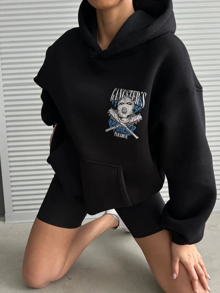 3 iplik şardonlu oversize kafa baskılı sweat siyah - 7