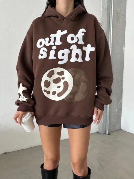 3 iplik şardonlu oversize out of baskılı sweat kahve - 3