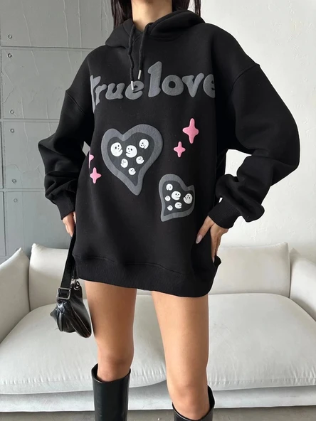 3 iplik şardonlu oversize true baskılı sweat siyah