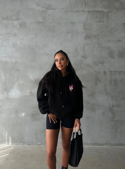 3 iplik şardonlu oversize compact ördek baskılı sweat siyah - 2