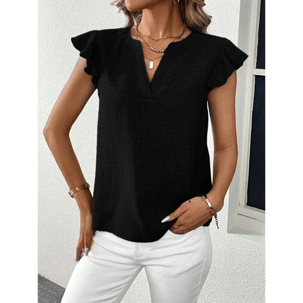 Lucky Life Kadın Kısa Kelebek Kollu V Yakalı Bluz - 5