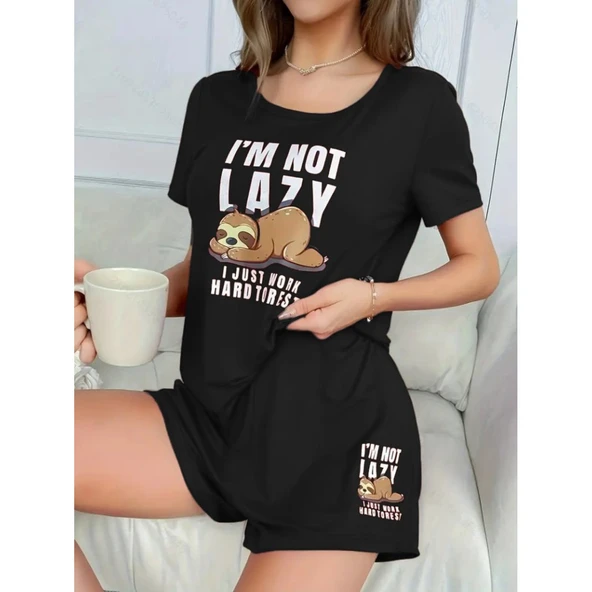 Lucky Life Kadın Kısa Kollu Bisiklet Yaka Baskılı Viskon Bluz Ve şort Ikili Takım - 2