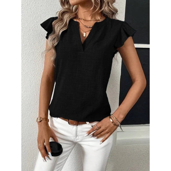 Lucky Life Kadın Kısa Kelebek Kollu V Yakalı Bluz - 4