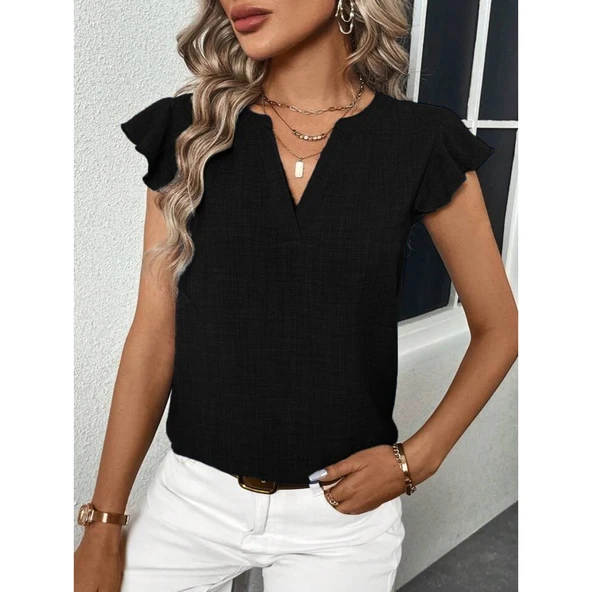 Lucky Life Kadın Kısa Kelebek Kollu V Yakalı Bluz - 2