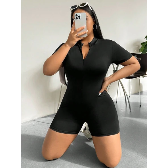 Lucky Life Kadın Kısa Kollu önü Fermuarlı Bodycon Dalgıç Tulum - 7