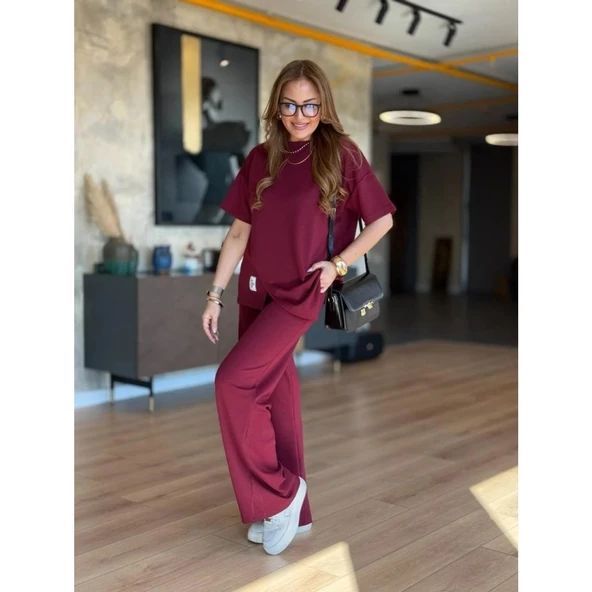 Lucky Life Kadın Kısa Kollu Bisiklet Yaka Asimetrik Viskon Iki Iplik Bluz Ve Pantolon Ikili Takım - 6