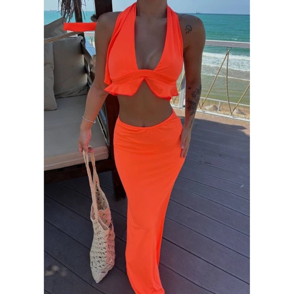 Lucky Life Kadın Mayo Kumaş Bağlamalı Crop Ve Maxi Boy Etek Ikili Takım - 3