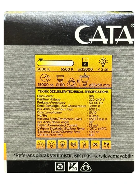 (1 Adet) Cata 9W (50W) Sarı Işık (3000K) Dim Edilebilir GU10 Duylu Led Spot Ampul - 3