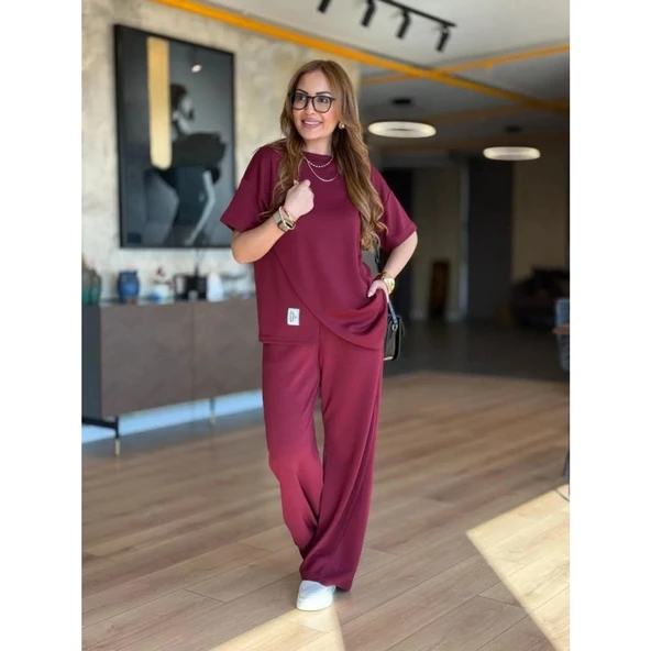 Lucky Life Kadın Kısa Kollu Bisiklet Yaka Asimetrik Viskon Iki Iplik Bluz Ve Pantolon Ikili Takım - 4