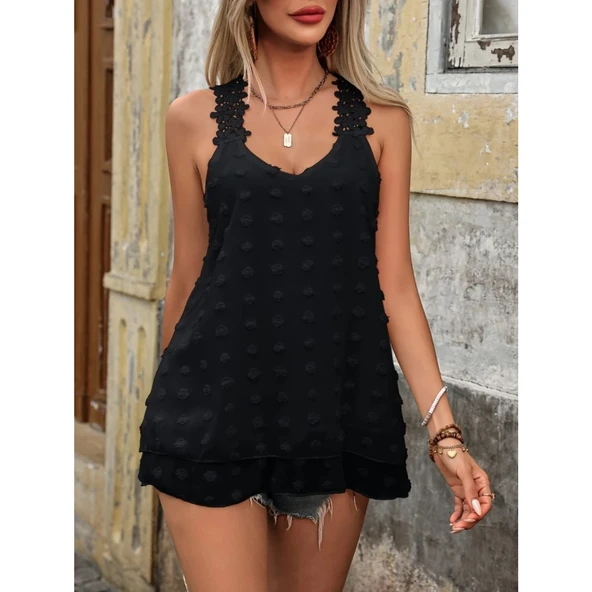 Lucky Life Kadın Dantel Askılı V Yakalı Sırtı çapraz Detaylı Ponpon Bluz - 3