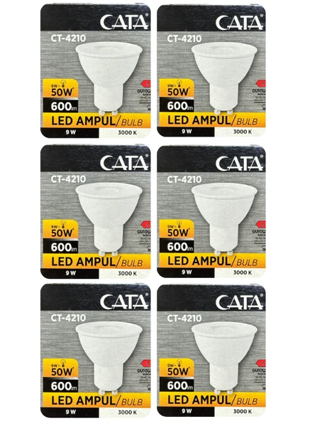 (6 Adet) Cata 9W (50W) Sarı Işık (3000K) Dim Edilebilir GU10 Duylu Led Spot Ampul