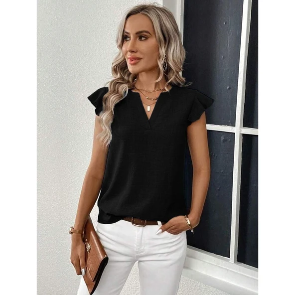 Lucky Life Kadın Kısa Kelebek Kollu V Yakalı Bluz - 6