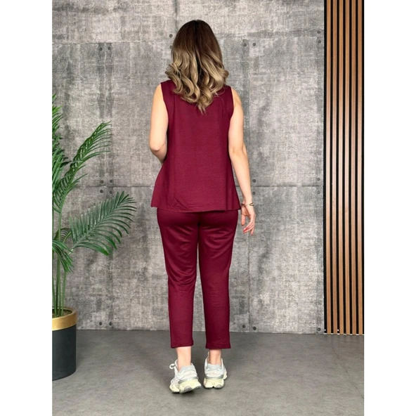 Lucky Life Kadın Askılı Yuvarlak Yaka Viskon Iki Iplik Bluz Ve Eşofman Altı Ikili Takım - 4