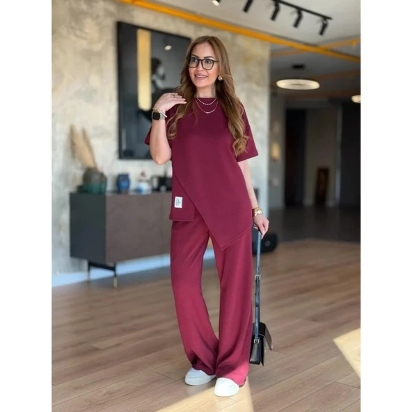 Lucky Life Kadın Kısa Kollu Bisiklet Yaka Asimetrik Viskon Iki Iplik Bluz Ve Pantolon Ikili Takım