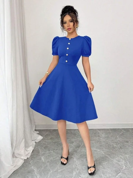 Lucky Life Kadın Kısa Kollu Bisiklet Yaka önden Düğmeli Ithal Krep Elbise - Resim 3