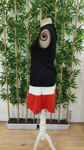 Lucky Life Kadın Sıfır Kol Yarı Balıkçı Yaka şerit Detaylı Ithal Krep Elbise - Resim 7