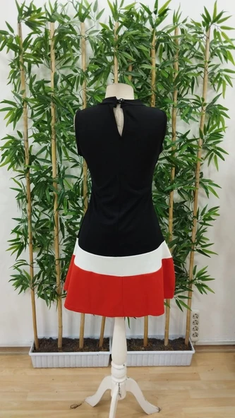 Lucky Life Kadın Sıfır Kol Yarı Balıkçı Yaka şerit Detaylı Ithal Krep Elbise - Resim 8