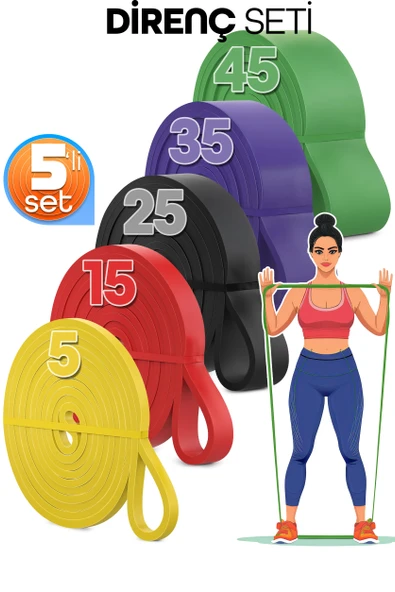 5+15+25+35+45 KG 5'li SET Barfiks Lastiği Gym Resistance Band Antrenman Kas Geliştirme Bandı 5 BOY