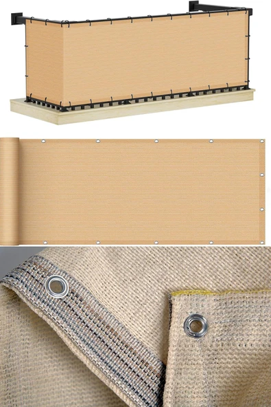 Branda Dünyası 70x1320 cm Krem Balkon Filesi - Yüzde 95lik Şeritli Halkalı File - Resim 2