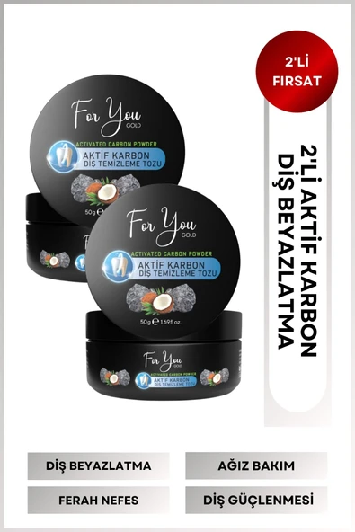 FOR YOU GOLD Aktif Karbon Diş Temizleme Tozu 50 Gr Extra Beyazlatıcı Diş Tozu + Nane(2adet)