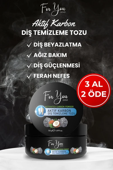 FOR YOU GOLD Aktif Karbon Diş Temizleme Tozu 50 Gr Extra Beyazlatıcı Diş Tozu + Nane