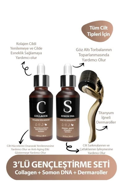 FOR YOU GOLD Dermaroller (goldenroller) & Somon Dna & Collagen Serum Gençleştirici Yüz Bakım Serum Seti - 2