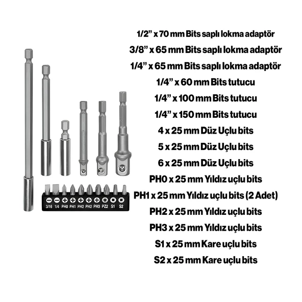 Mıknatıslı Bits Uç Adaptör Seti  Matkap Uyumlu 16 Parça 1/4 1/2 3/8 1/4 Yıldız Düz Uçlar S1 S2 PH Uç - 2