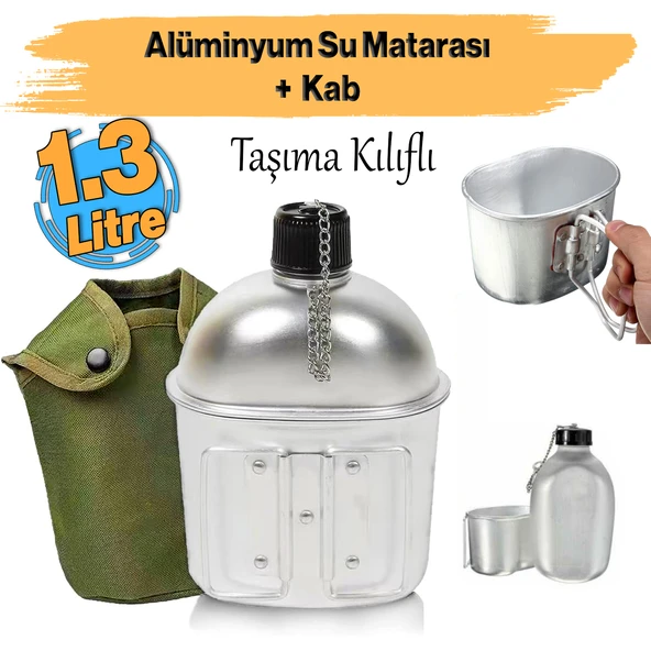 Kılıflı Alüminyum Kamp Matarası Sağlam Dayanıklı Metal Su Matara Taşıma Kılıflı Kab İle Birlikte - 1