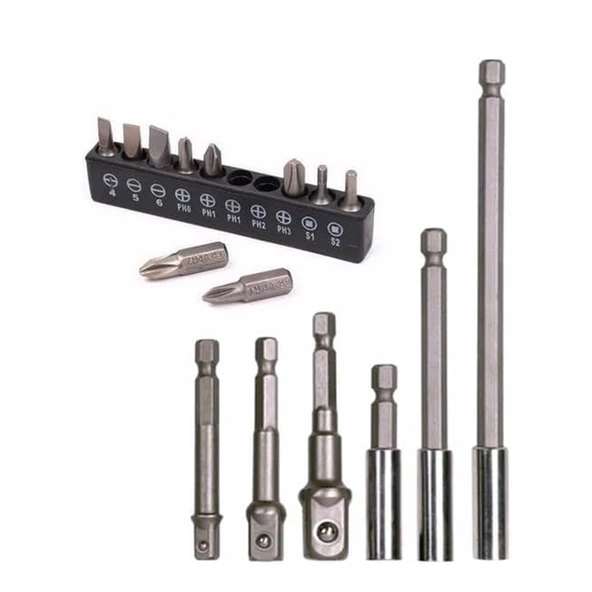 Mıknatıslı Bits Uç Adaptör Seti  Matkap Uyumlu 16 Parça 1/4 1/2 3/8 1/4 Yıldız Düz Uçlar S1 S2 PH Uç - 3