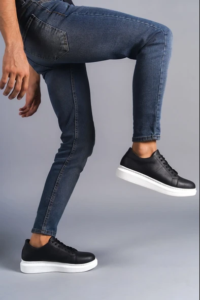 ET151 Boost Bağcıklı Cilt Erkek Günlük Sneaker Ayakkabı BT - Siyah - Resim 3