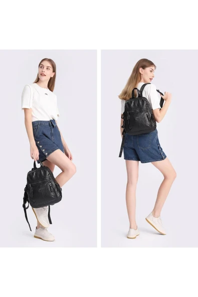 Yıkama Deri Orta Boy Kadın Sırt Çantası 21-K Barcelona 1846-7 - 4