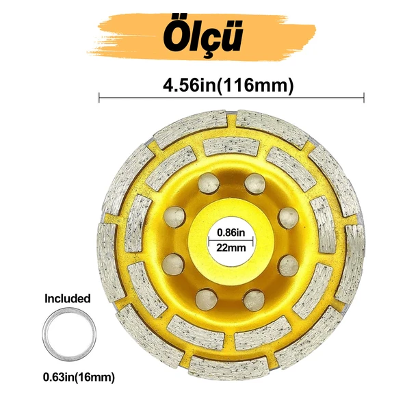 Çanak Disk Beton Mermer Granit Taşlama Elmas Yüzey Silme Temizleme Çift Sıra Segmanlı 115 mm - 2