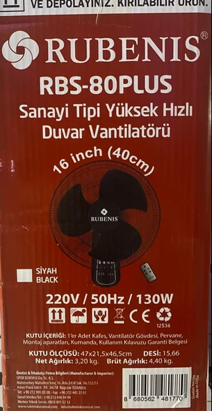 Rubenis RBSR-80 Kumandalı Duvar Vantilatörü Siyah - 3