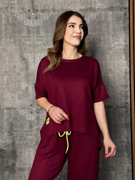 Kadın Kısa Kollu Bisiklet Yaka Viskon Iki Iplik Bluz Ve Pantolon Ikili Takım - Resim 4