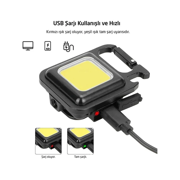 Mıknatıslı Mini Led El Feneri Anahtarlık Tipi Taşınabilir Kamp Lambası Şişe Açacağı 350 Lümen 2 Watt - 3