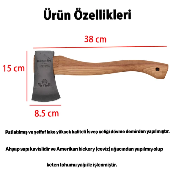 600 Gram 38 Cm El Yapımı İthal İsveç Karbon Çelik Yarma Odun Kesme Ahşap Saplı Balta Ergonomik Kamp - 2