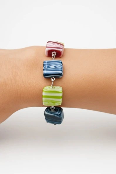 Renkli Küp Boncuk Bileklik Damar Desenli Akrilik Tasarım - 2