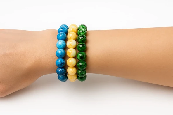 El Yapımı Renkli Akrilik Tasarım - 3’lü Mermer Desenli Boncuk Bileklik Seti