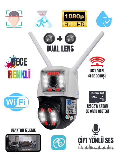 O-KAM Dual Lens 2+2MP WiFi Güvenlik Kamerası Gece Renkli 355° Çift Ses SD Destekli