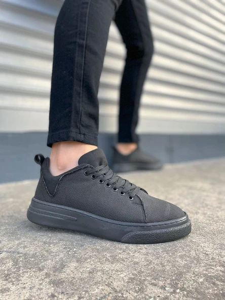 Siyah Flex Bağcıklı Keten Kumaş Erkek Günlük Sneaker Ayakkabı