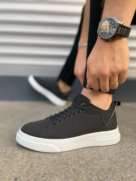 Siyah Beyaz Flex Bağcıklı Keten Kumaş Erkek Günlük Sneaker Ayakkabı - 6