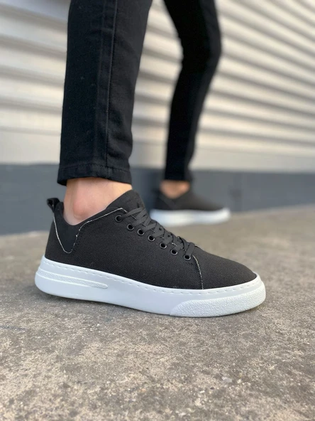 Siyah Beyaz Flex Bağcıklı Keten Kumaş Erkek Günlük Sneaker Ayakkabı - 4
