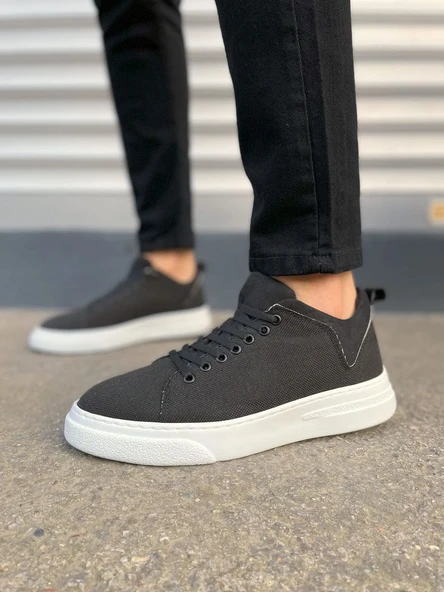 Siyah Beyaz Flex Bağcıklı Keten Kumaş Erkek Günlük Sneaker Ayakkabı - 2