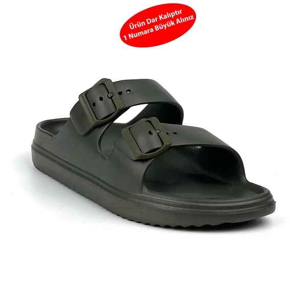 Unisex Haki Çift Tokalı Kaymaz Taban Ayarlanabilir Hafif Günlük Plaj Terlik - Resim 2