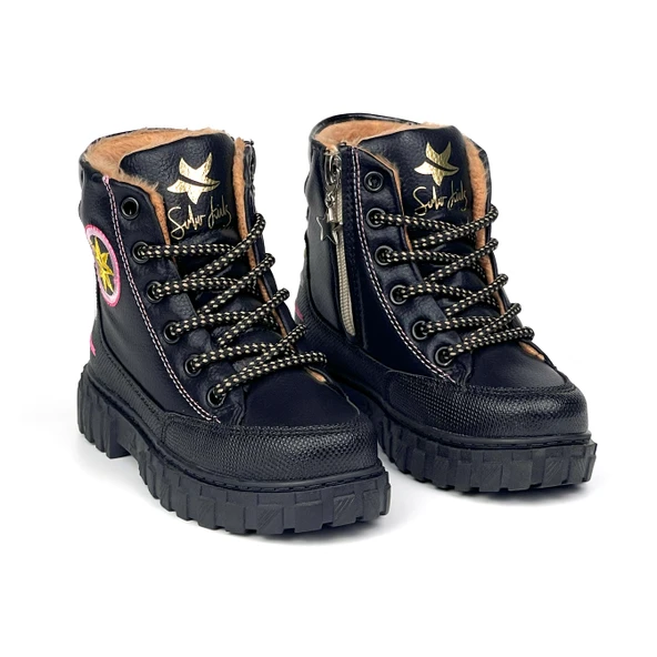 Kız Çocuk Siyah İçi Kürklü Termo Taban Suya Soğuğa Dayanıklı Günlük Rahat Bot ürün görseli 1